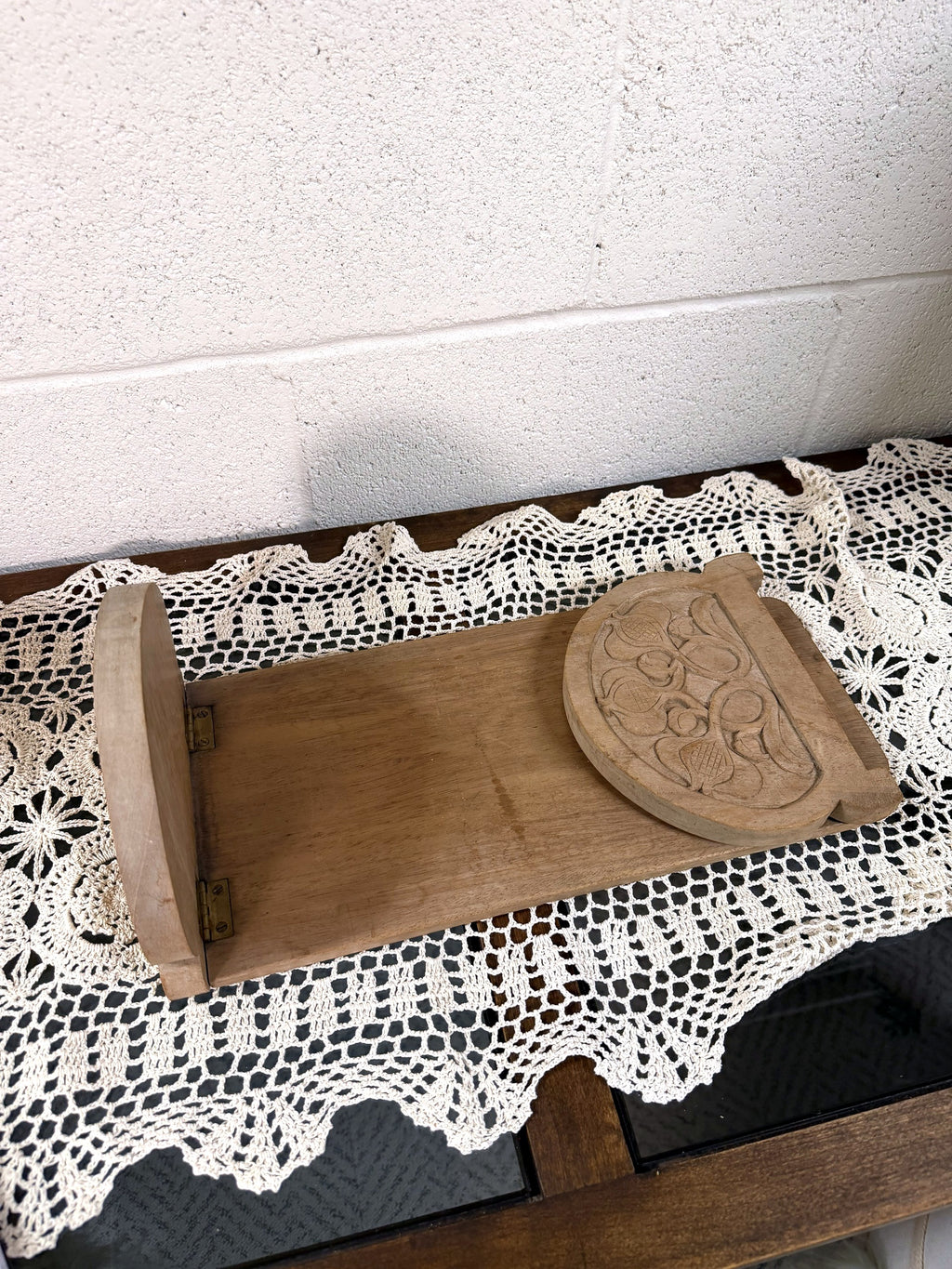 Vintage Carved Wood Book Holder, open