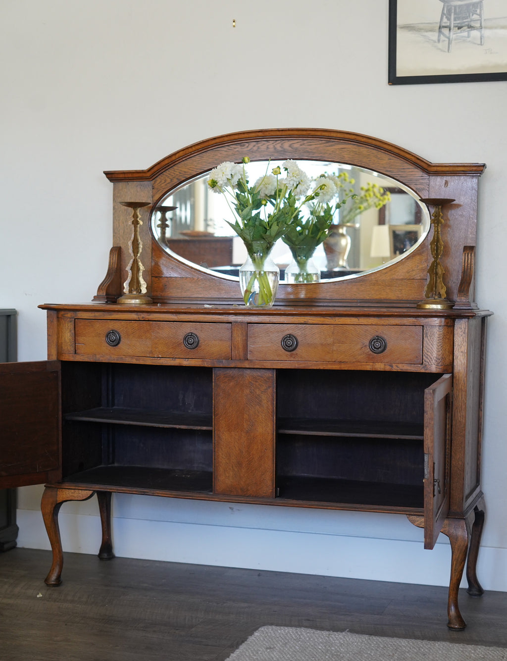 Vintage Quarter-Sawn Oak Buffet with Mirror — 1930s