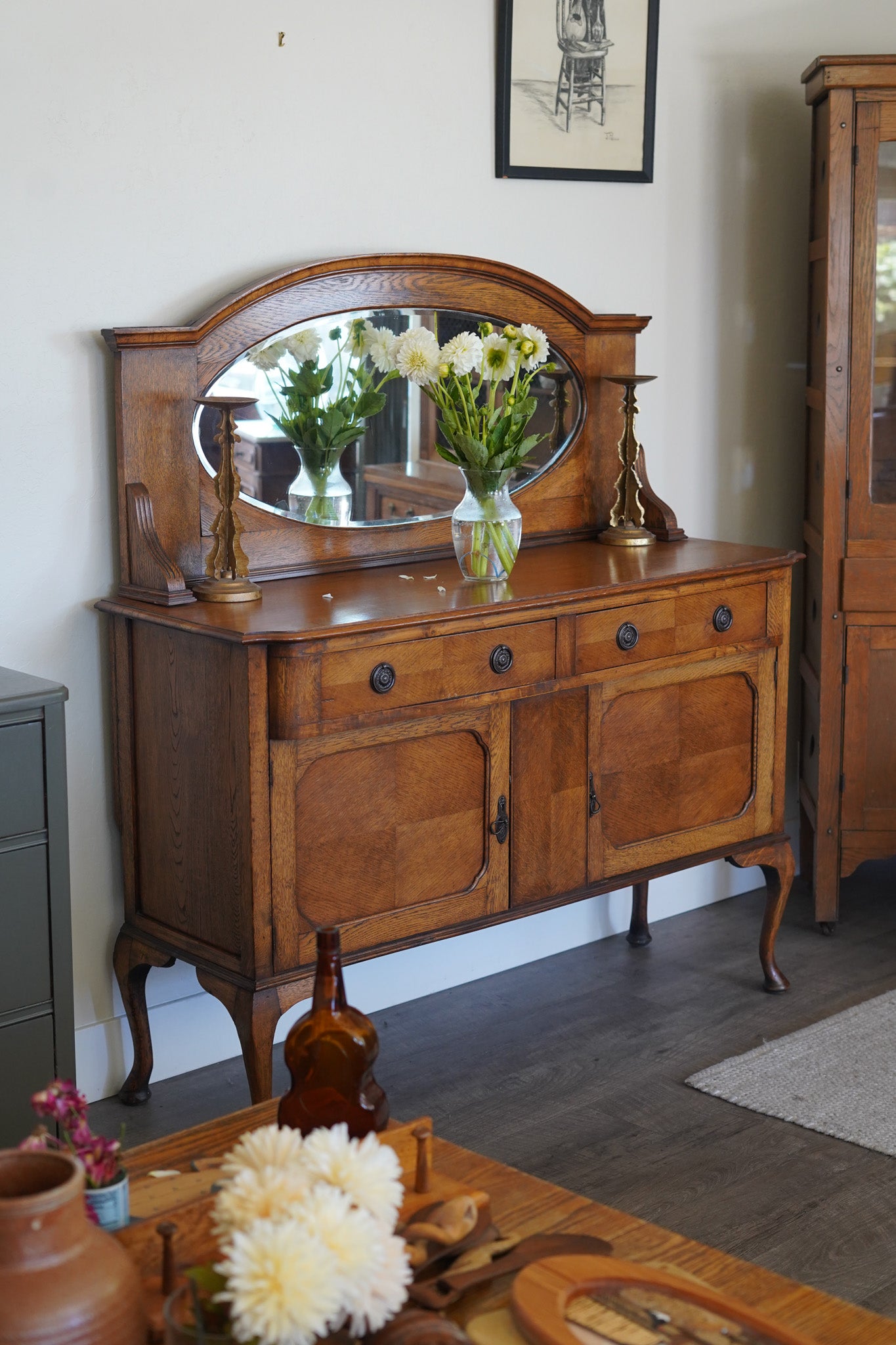 Vintage Quarter-Sawn Oak Buffet with Mirror — 1930s