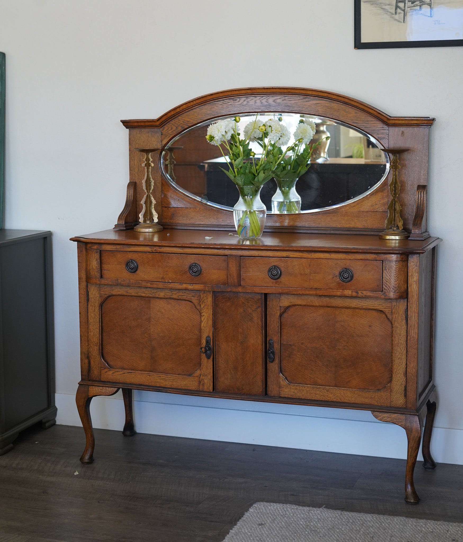 Vintage Quarter-Sawn Oak Buffet with Mirror — 1930s