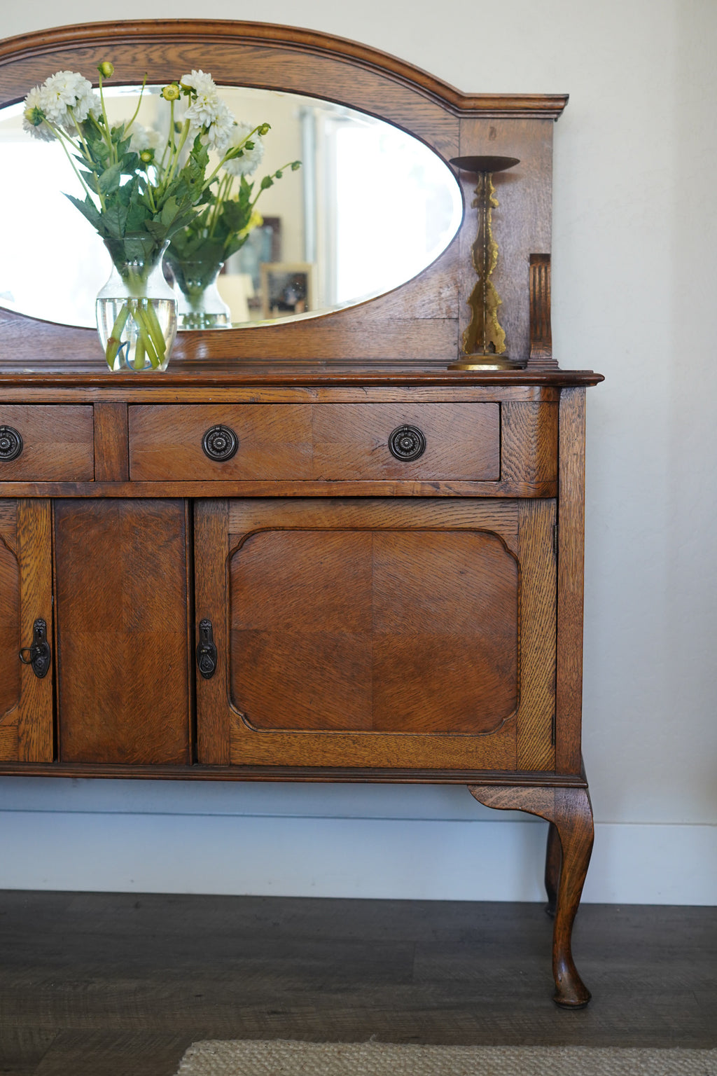 Vintage Quarter-Sawn Oak Buffet with Mirror — 1930s
