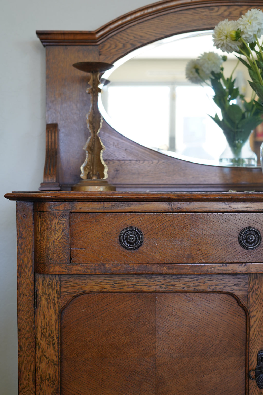 Vintage Quarter-Sawn Oak Buffet with Mirror — 1930s