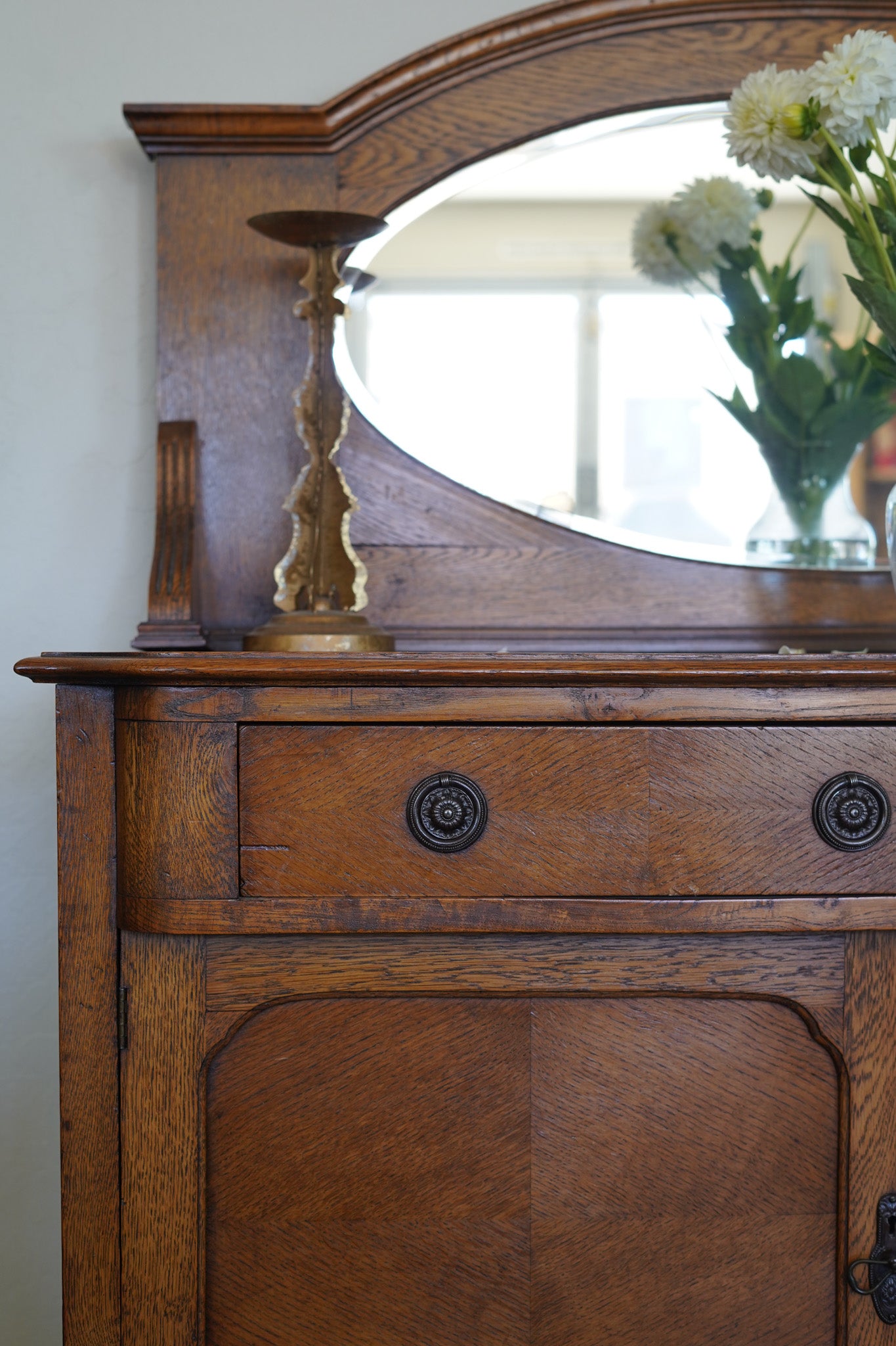 Vintage Quarter-Sawn Oak Buffet with Mirror — 1930s