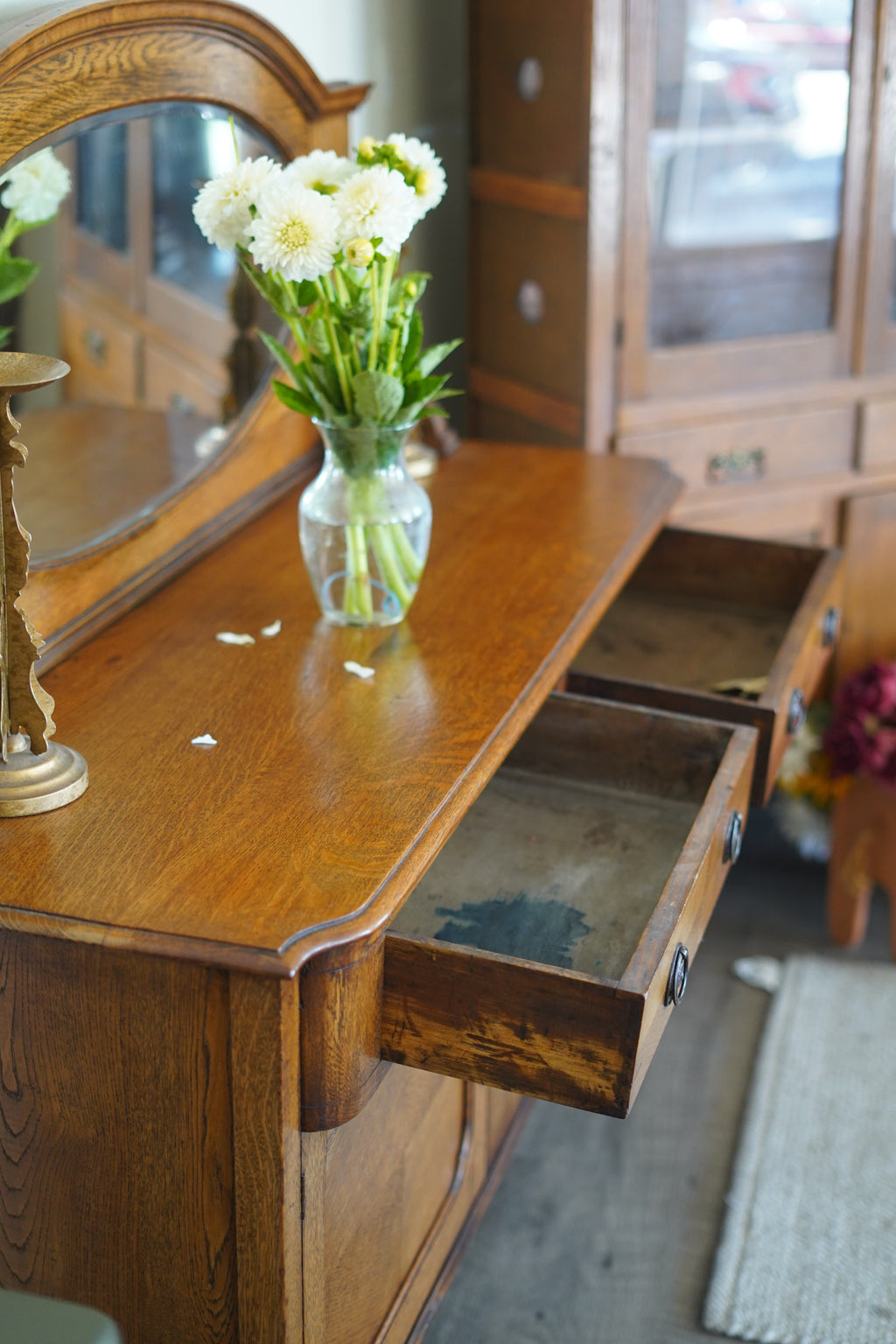 Vintage Quarter-Sawn Oak Buffet with Mirror — 1930s