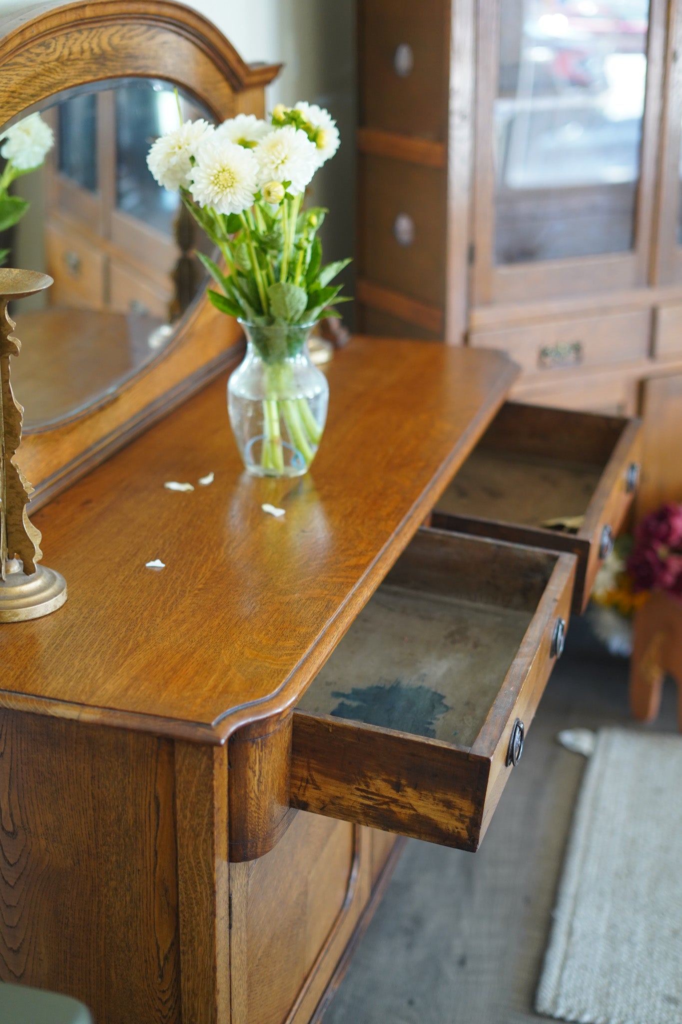 Vintage Quarter-Sawn Oak Buffet with Mirror — 1930s