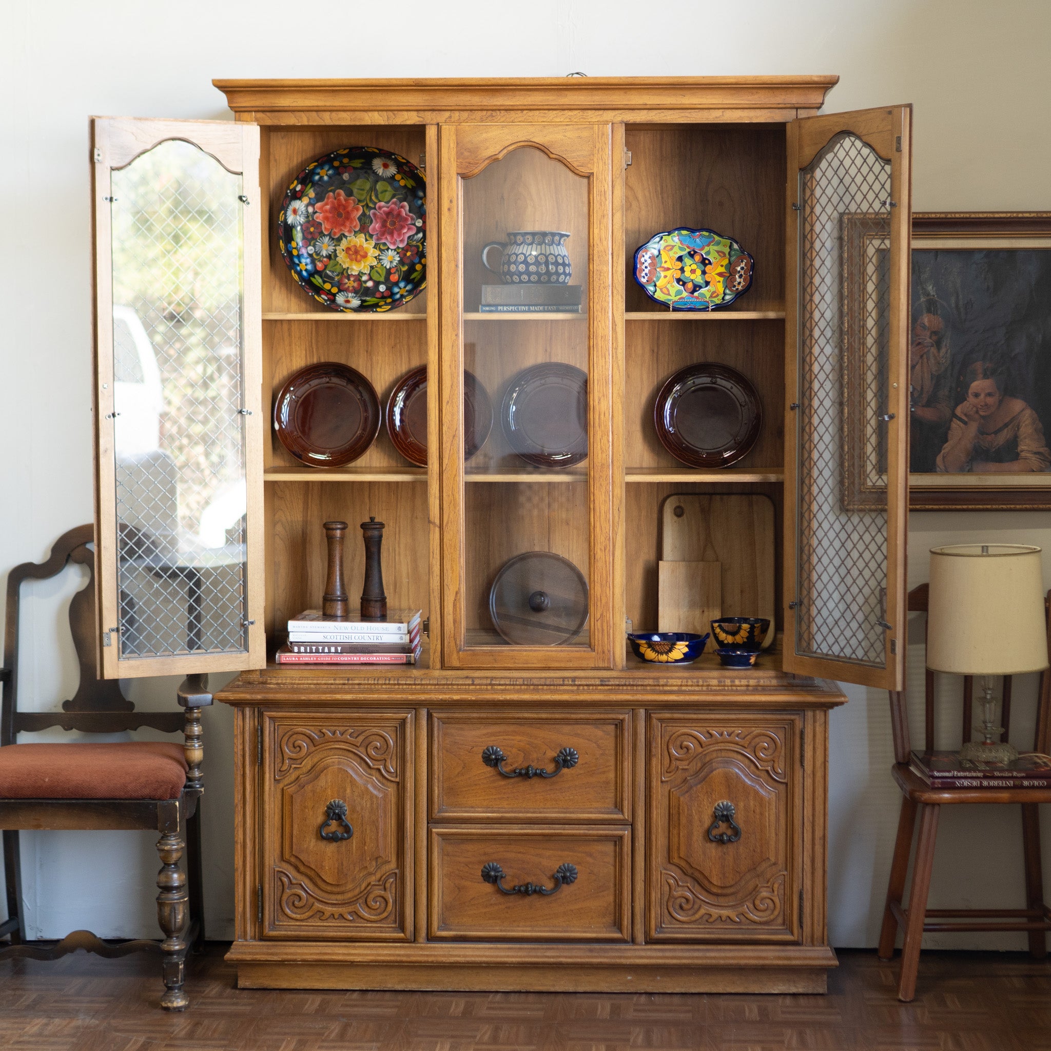 Vintage Spanish Colonial Hutch | Rustic Cabinet with Shelving & Drawers
