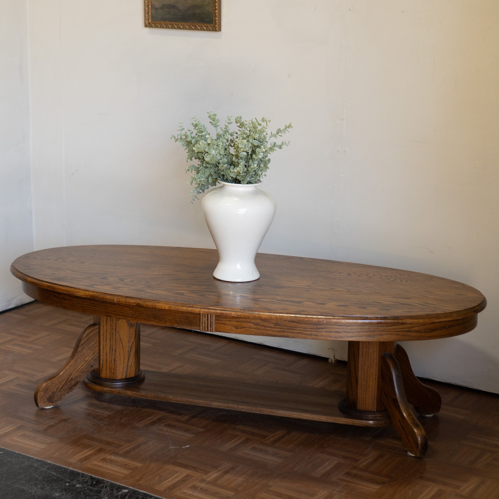 Large Oval Vintage Oak Coffee Table | Solid Dark Oak | Country Modern | $220