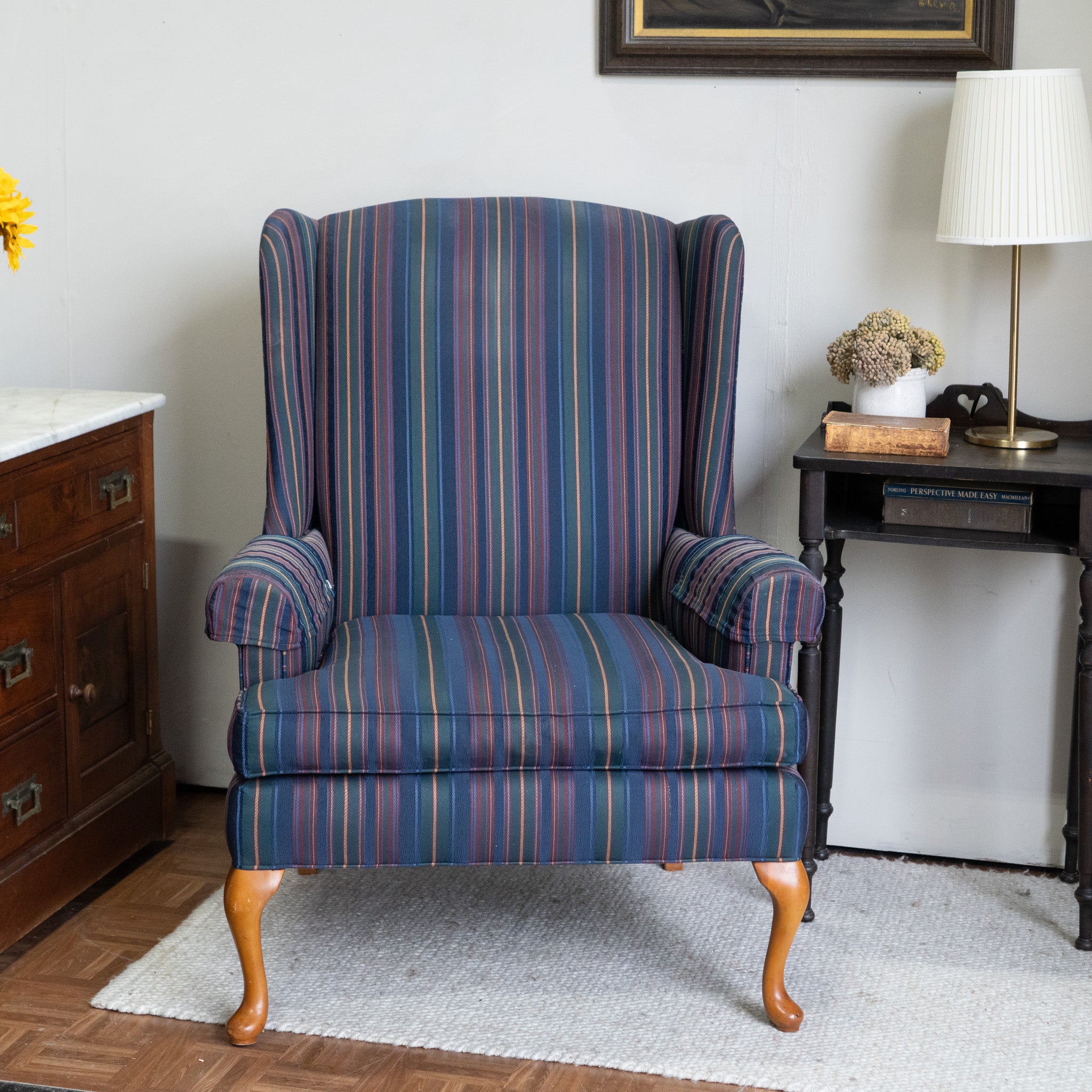 Vintage Thomasville Striped Armchair | Solid Wood Legs | Office or Living Room