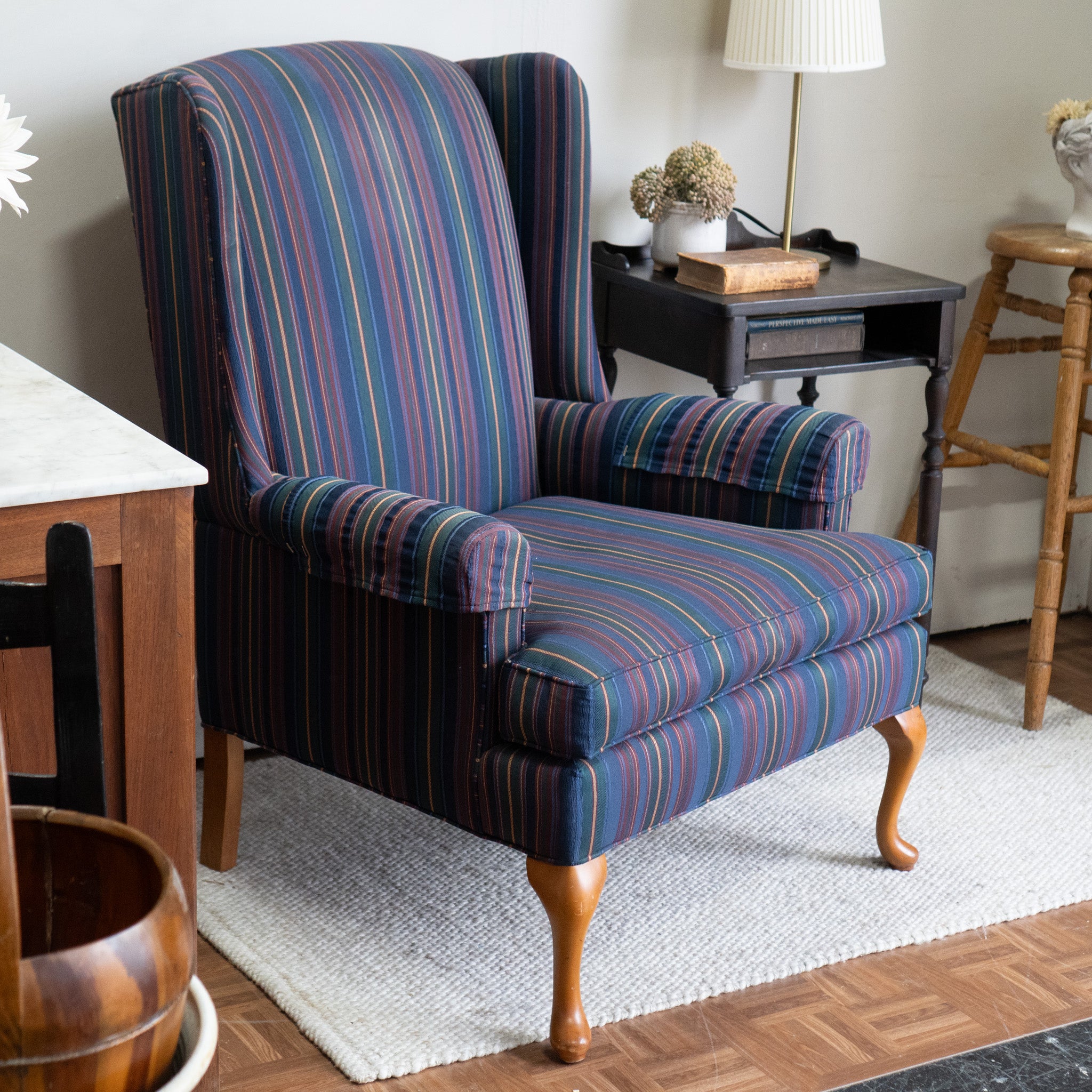Vintage Thomasville Striped Armchair | Solid Wood Legs | Office or Living Room