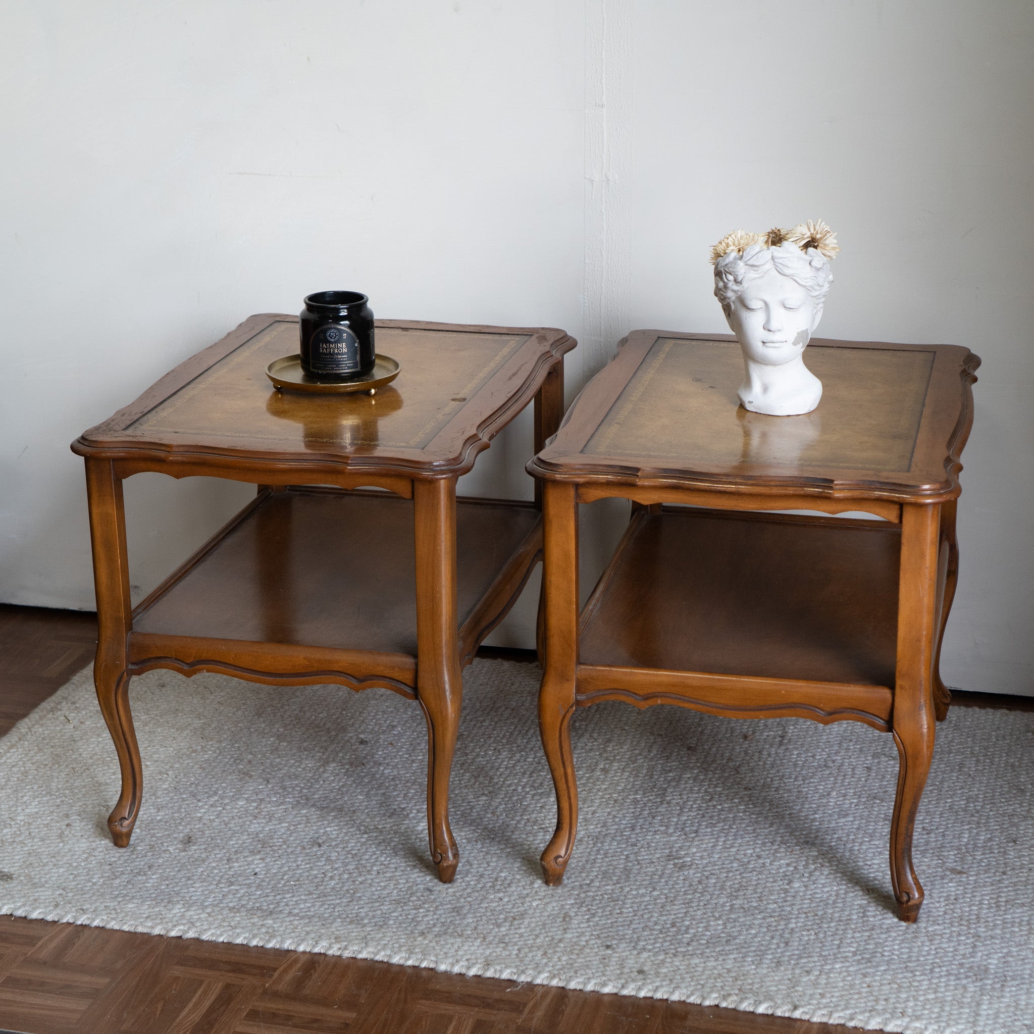 Vintage French Provincial End Tables | Decorative Top | Gold Inlay | Set of 2