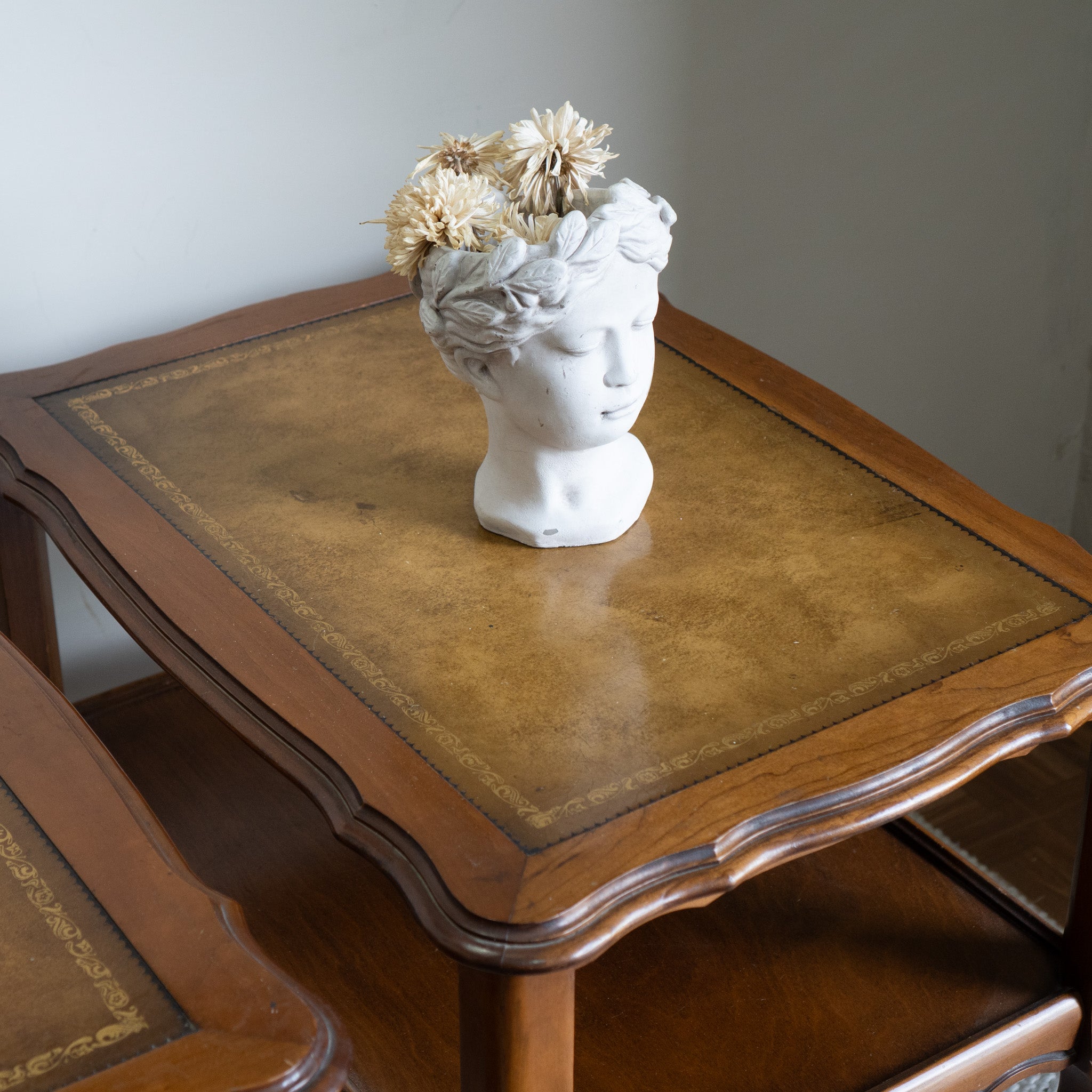 Vintage French Provincial End Tables | Decorative Top | Gold Inlay | Set of 2