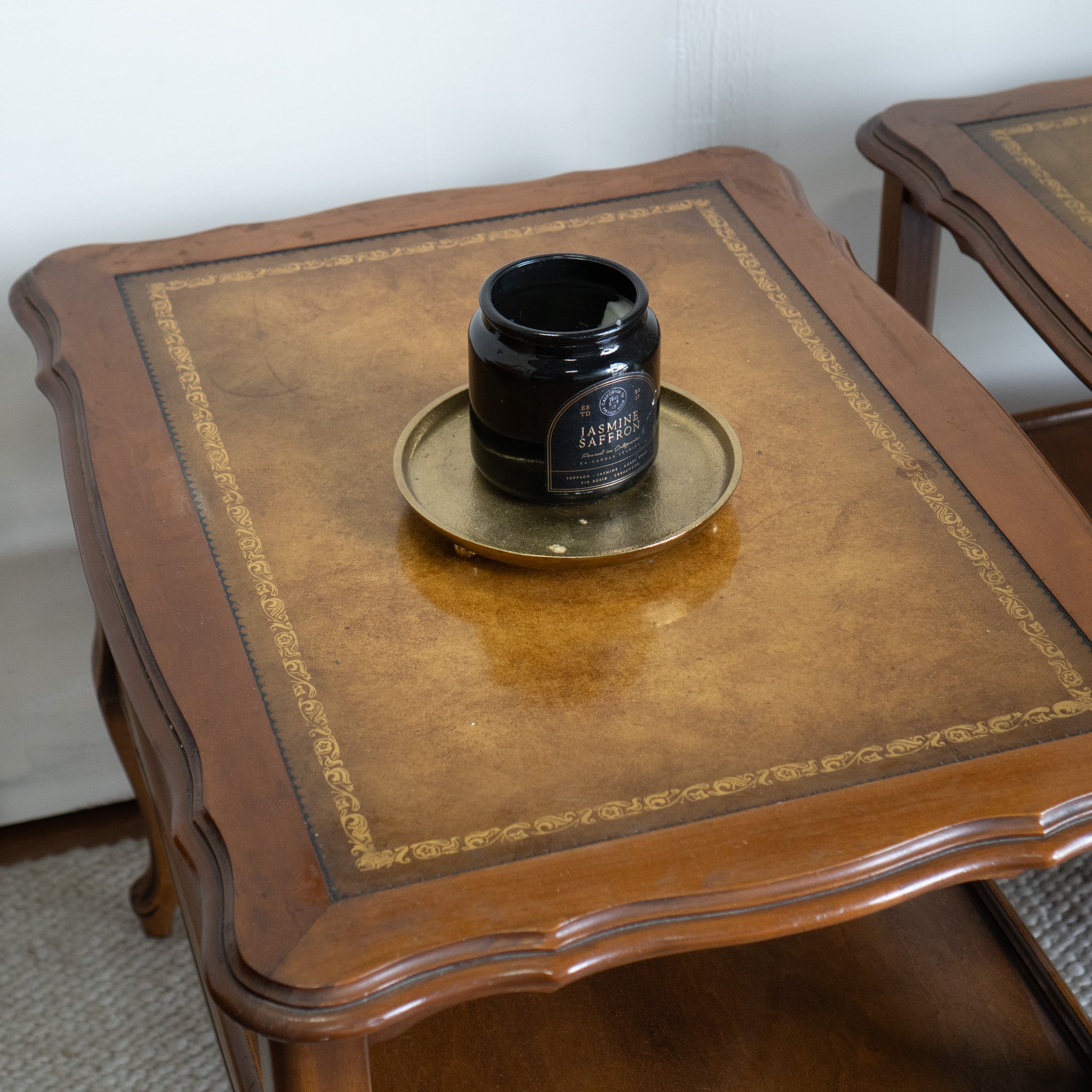 Vintage French Provincial End Tables | Decorative Top | Gold Inlay | Set of 2