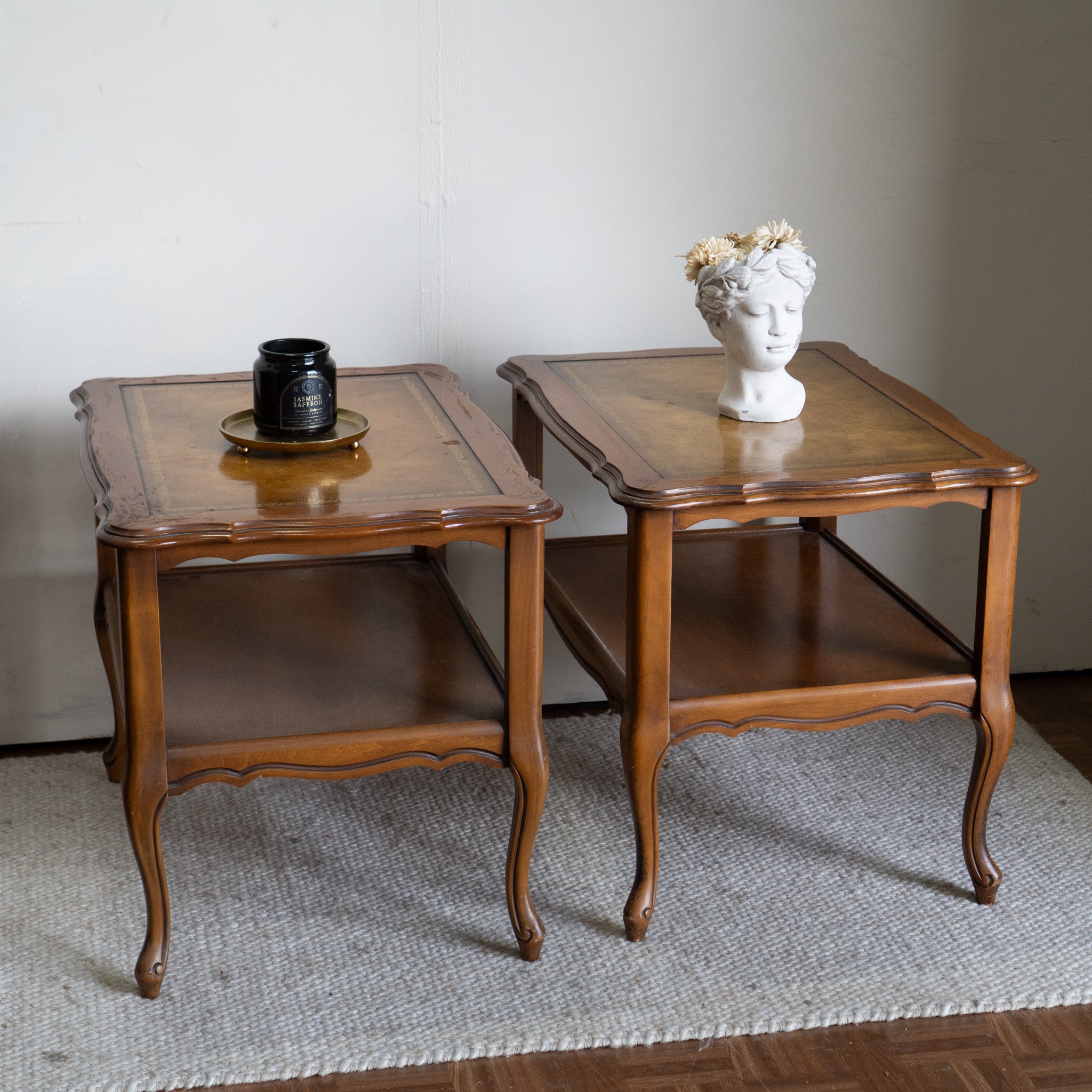 Vintage French Provincial End Tables | Decorative Top | Gold Inlay | Set of 2