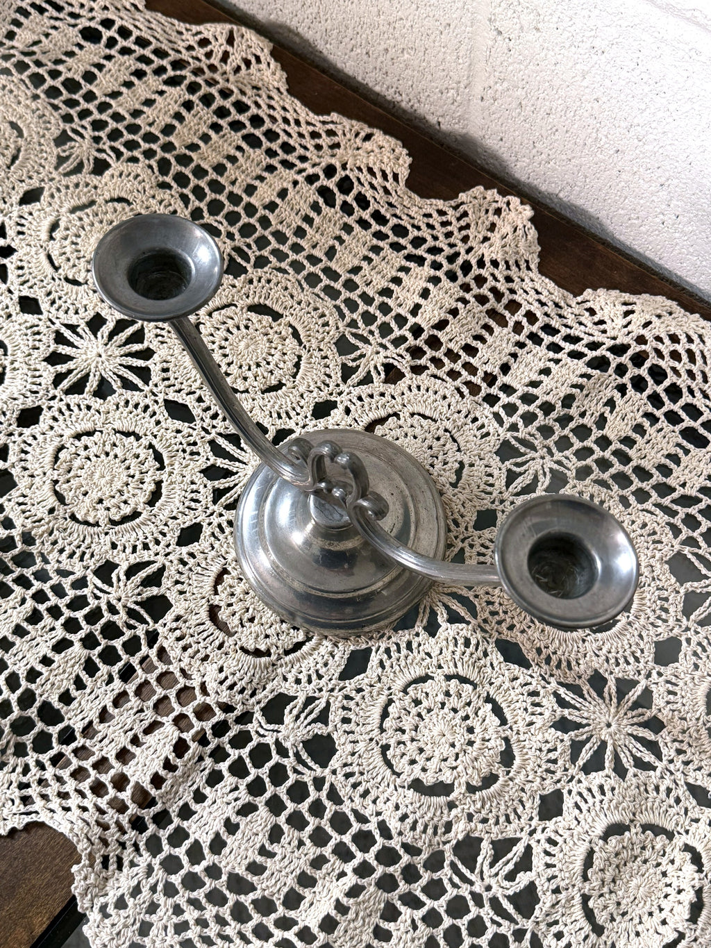 Vintage Pewter Two-Arm Candlestick, top view