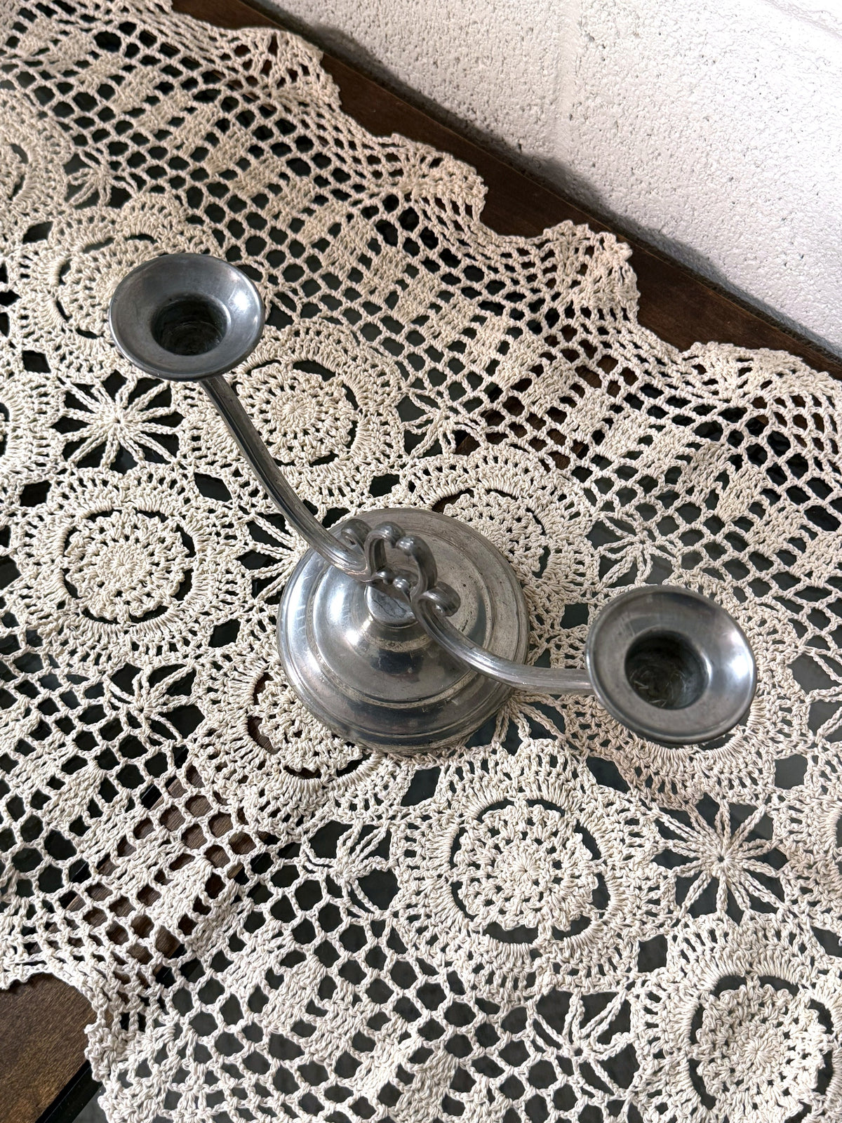 Vintage Pewter Two-Arm Candlestick, top view
